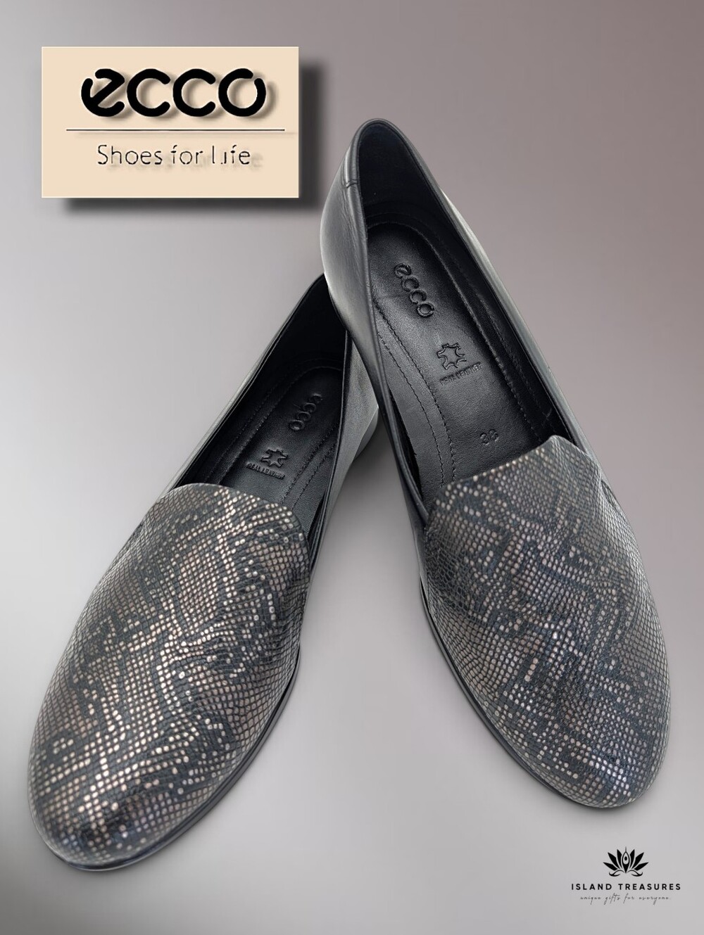 ECCO Sz 7-7.5 EU 38 Touch Ballerina 2.0 Black Snake Loafer Flat